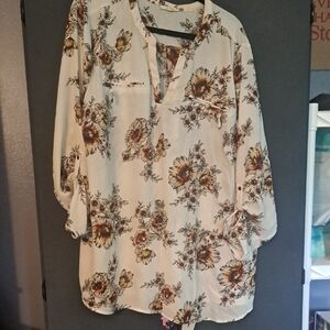 Maurices Cream Floral Blouse with Brown and Yellow Accents